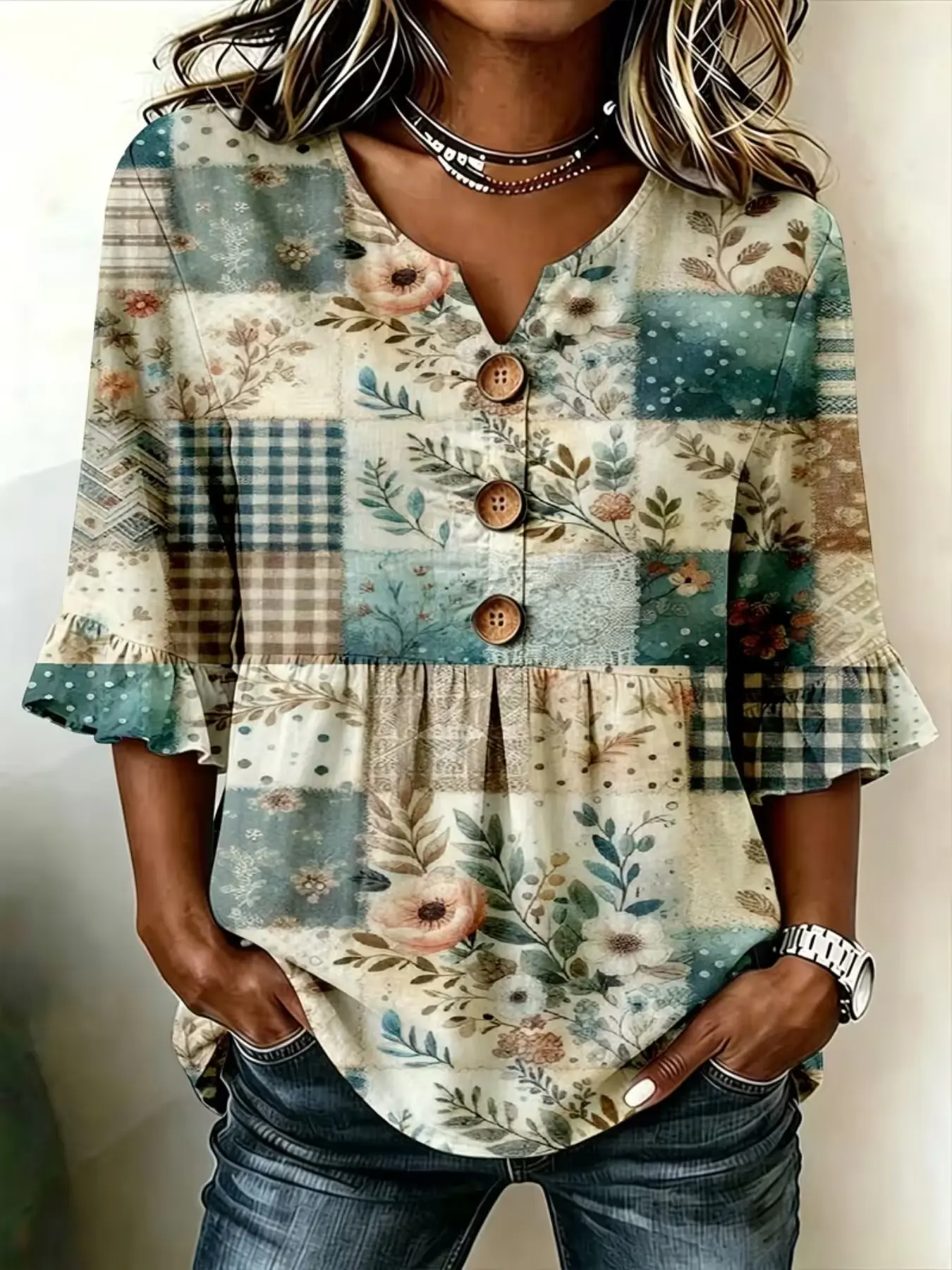Women Notch V Neck Blouse Heat Sublimation Vintage Teal Brown Patchwork Floral Gingham Polka Dot Print 3/4 Ruffle Sleeve Shirt Wood Button Decor Loose Fit Tunic Top Casual Daily Office Vacation Wear For Ladies