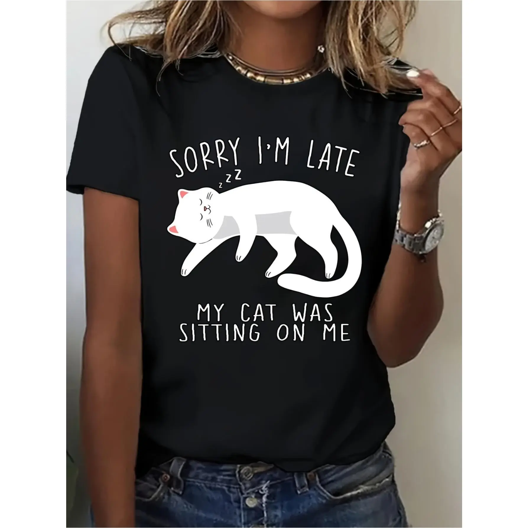 Women's Funny Cat Lover T-Shirt - "Sorry I'm Late! My Cat Was Sitting On Me" Graphic Tee - Soft Breathable Black Shirt - Everyday Casual Outfit Essential for Cat Owners - All-Season Comfort Fit Top, Cat Tshirt, Humorous Apparel, Playful Design, Quality Pr