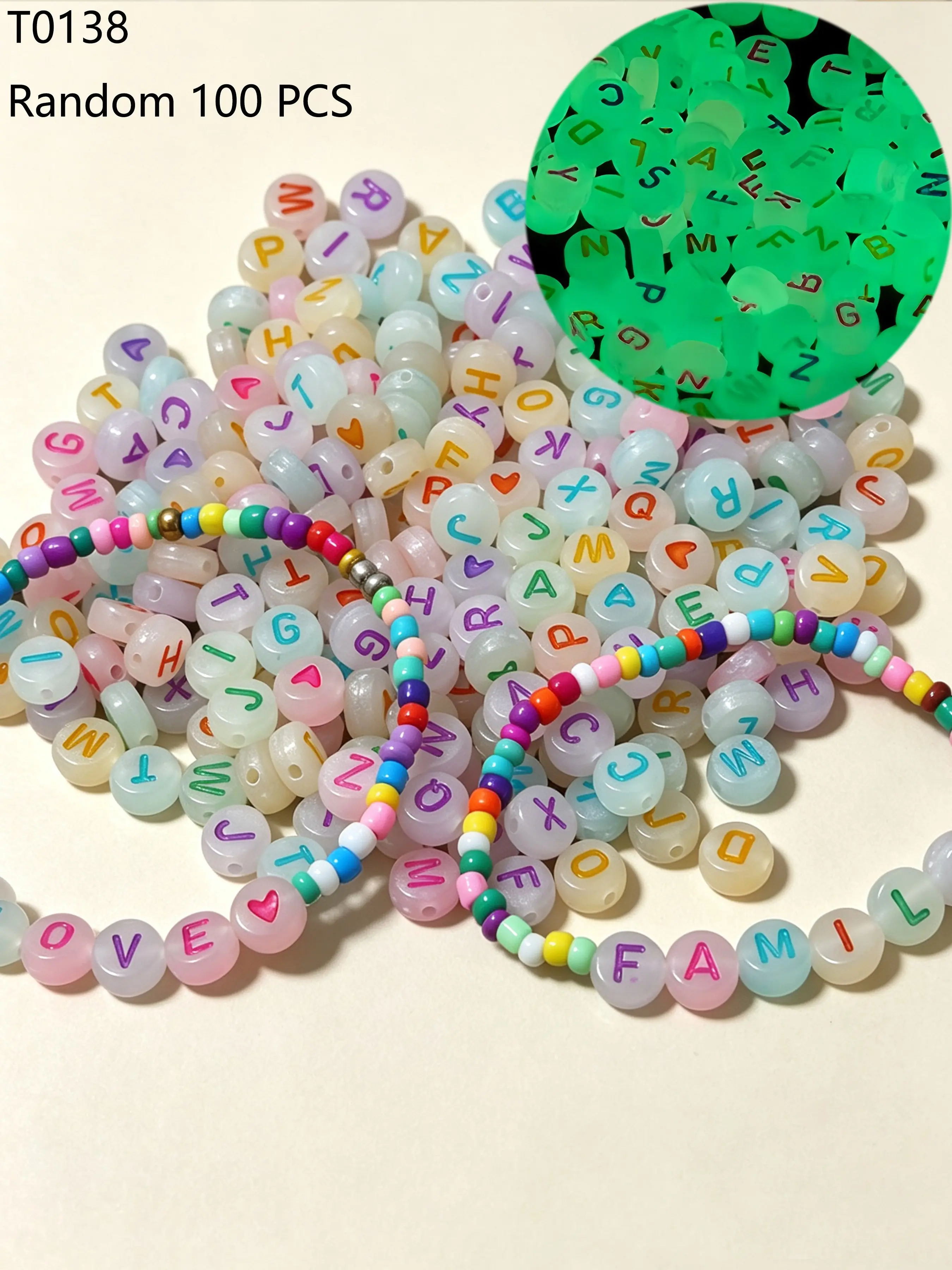 100 Acrylic Flat Round Beads 4mmx7mm, Night Glow Colorful Letter Beads, DIY Custom Name Bracelet Necklace Keychain Jewelry Making Accessories