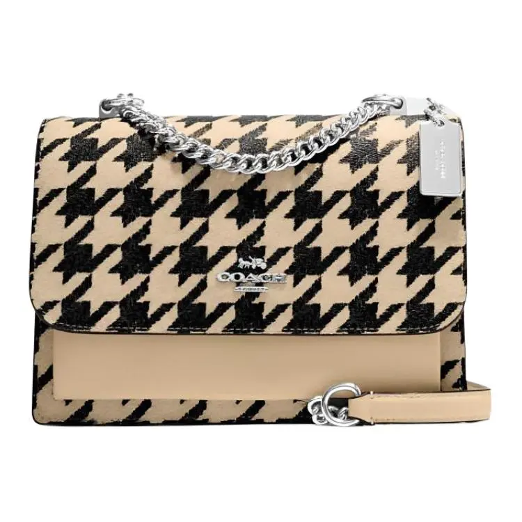 COACH Klare 22 Crossbody Bag for Women – Gold Logo-Print Plaid Leather Flap Bag in Beige