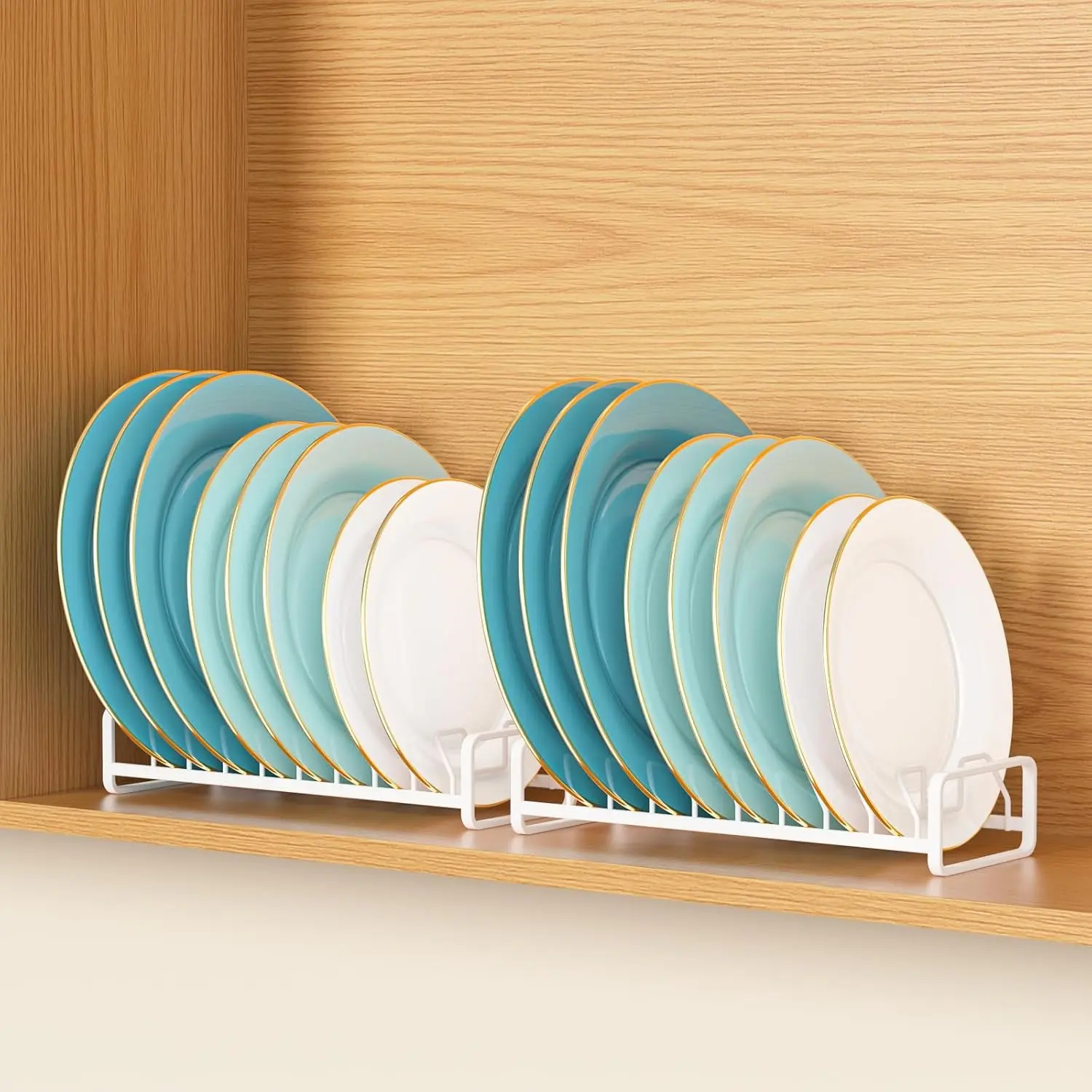Plate Organizer for Cabinet -2Pack,Dish Rack Organizer for Cabinet Kitchen Countertop Drawer Space Saver,8 Slots Vertical Dish Plate Holder Storage Rack, Kitchen Housewarming Gifts for Women (White)