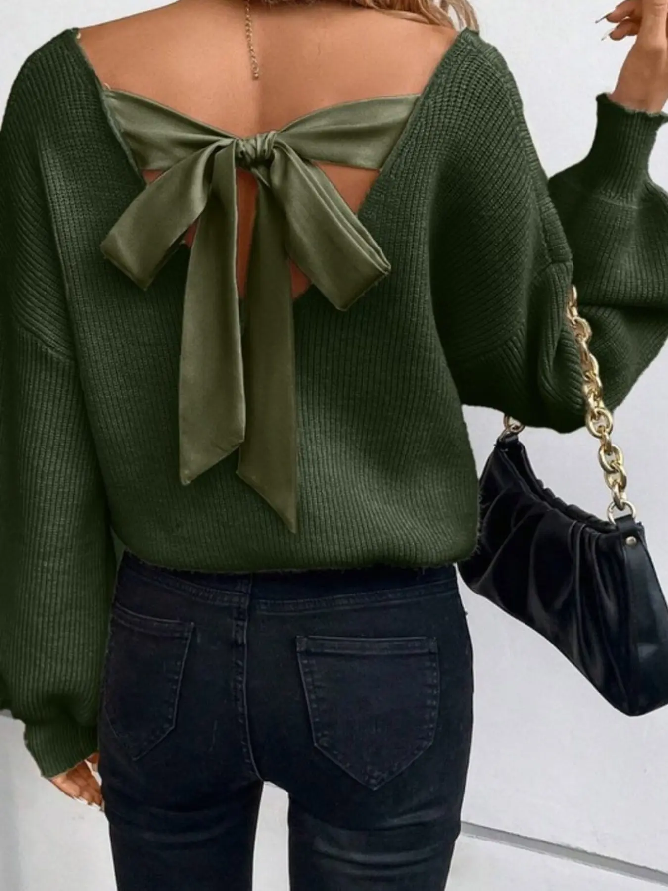 Women's Bow Decor Sweater, Casual Loose Long Sleeve V Neck Jumper for Fall & Winter, Fashion Ladies' Knitwear for Daily Wear