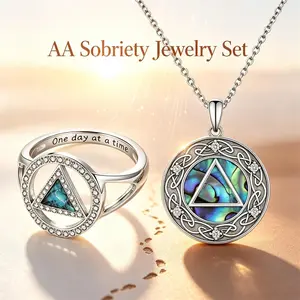 Elegant Women's AA Sobriety Jewelry Set - Stainless Steel Abalone Shell Inlay Necklace & Sparkling Triangle Ring - One Day at a Time, Beautiful Celtic Recovery Gift for Her, Sobriety Strength Milestone Jewelry