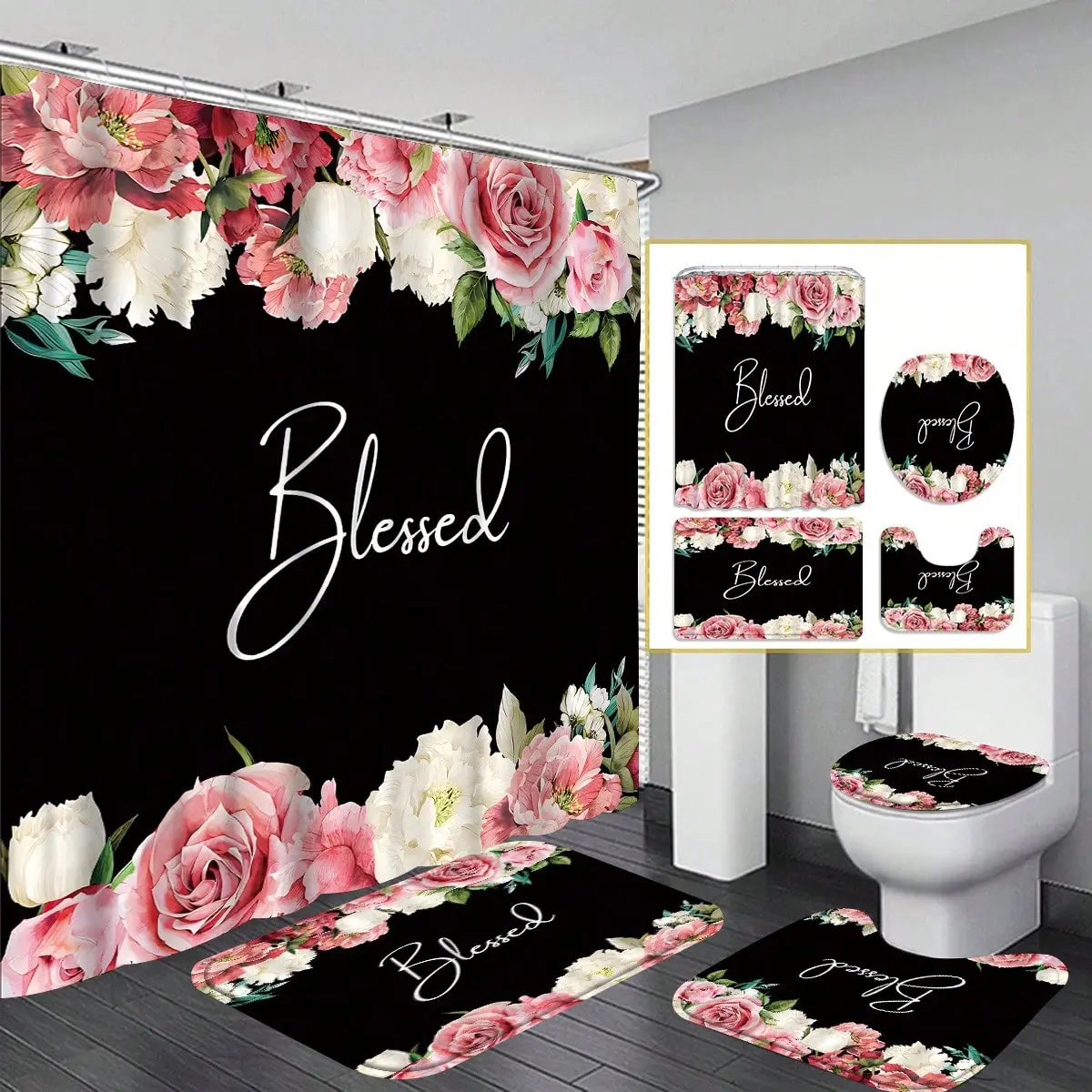 4pcs Shower Curtain Set, Spring Flowers Shower Curtain, Black Background Shower Curtain, Bathroom Decoration Shower Curtain, Waterproof Fabric Bathroom Decoration Shower Curtain 12 Hooks, Non-Slip Bath Mat, Toilet Mat Set,