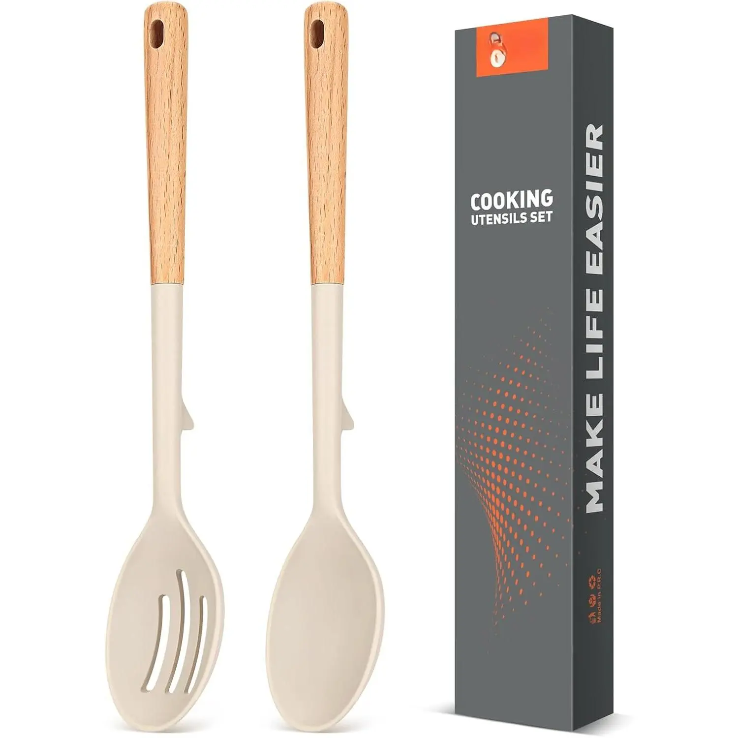 Large  Cooking Spoons, 2 Pack Wooden Handle Solid&Slotted Spoon Set | , Heat Resistant Kitchen Spoons, 13.9'' Length Nonstick Cookware for Cooking, Serving, Mixing, Scooping and Draining