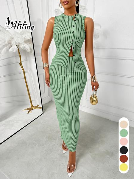 Aliling Striped Print Women's Two Piece Set Tank Top And Skirt Suit Slim Skinny High Waist Midi Long Skirt,Casual Sleeveless Button Vest Tops,Female Elegante Clothes Daily Wear