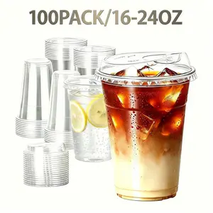 100 Pack Clear PET Cold Drink Cups with Flip Lids, Ideal for Outdoor Picnics, Parties, Office Takeaway & Daily Cold Drink Packaging