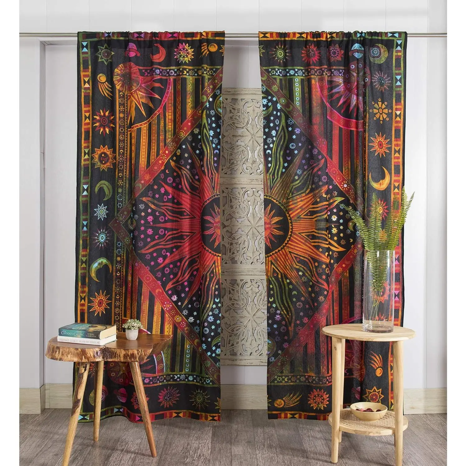 Indian Burning Sun Moon Hippie Window Curtains for Doorways Closets - Gypsy Tye Dye Bohemian Beautiful Drapery Bedroom Livingroom Divider Balcony Panels Golden