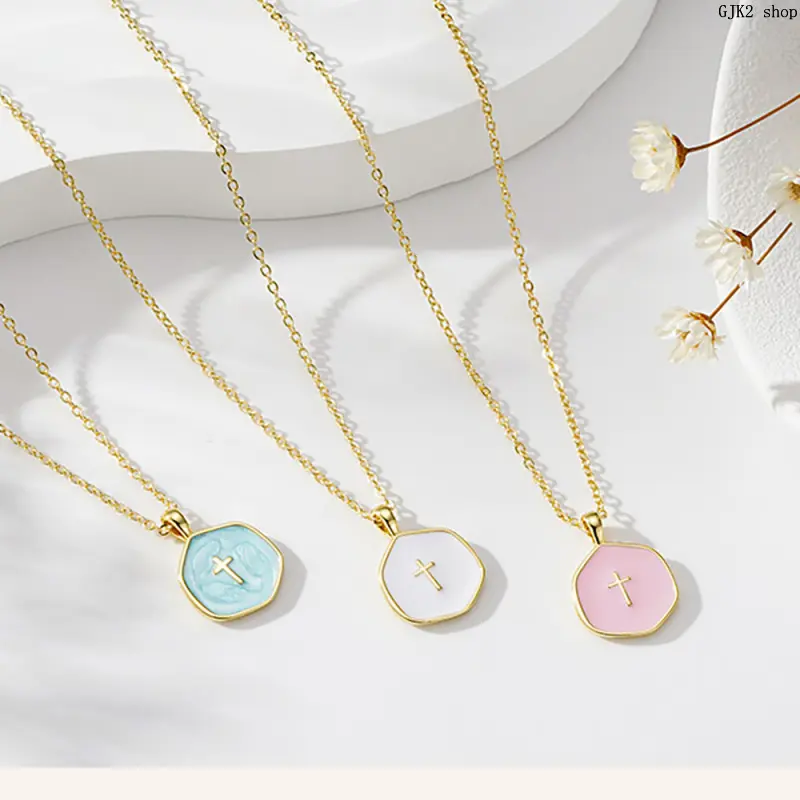 Minimalist Cross Pendant Chain Jewelry Necklaces for Women, Gold Plated Dainty Enamel Faith Gift for Daily Layering