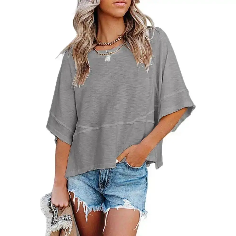 Women Batwing Half Sleeve Crewneck T Shirts, Solid Color Loose Flowy Casual Summer Basic Blouse Tops