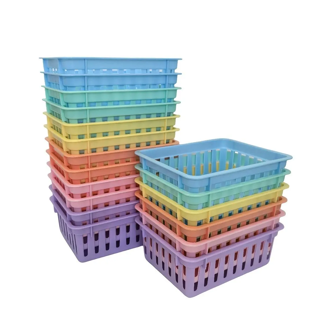 Random 5-Color Set Macaron Storage Baskets/Thickened Square Plastic Desktop Stationery Organizer/Multi-Functional/Suitable for Classrooms, Kindergartens, Offices, Study Rooms, Drawer Organization