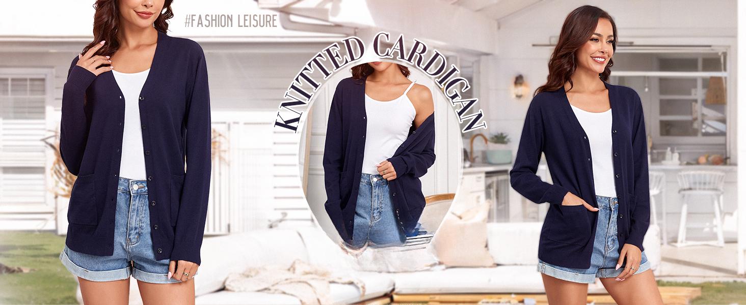 TASAMO Women's Lightweight Button Down Cardigan Sweaters Long Sleeve Classic V Neck Knit Soft Shrugs with Pocket for Spring Fall