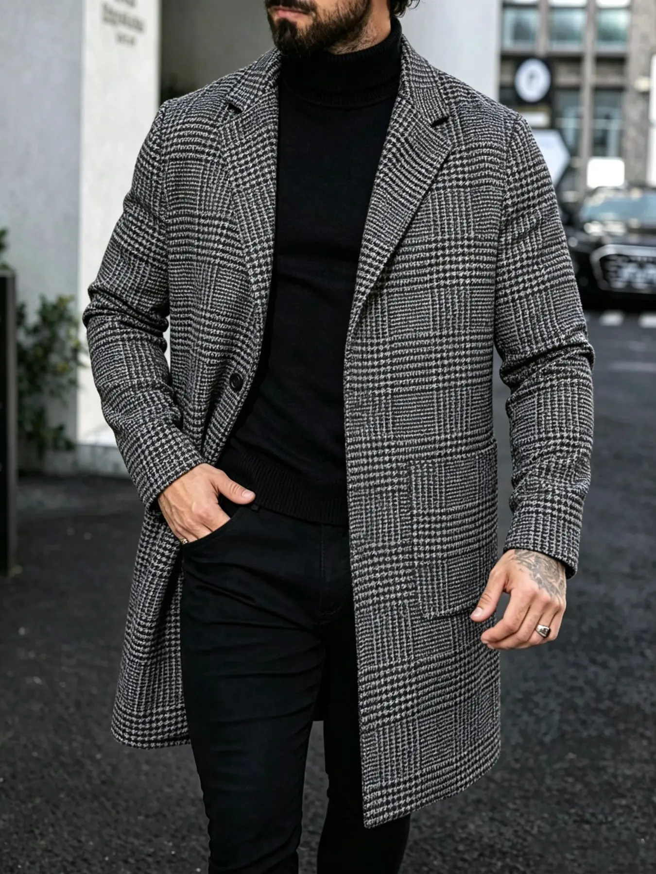2026 New Men's Spring Autumn Classic Casual Outerwear, Elegant Houndstooth Pattern, Slim-Fitting Party Coat, Stylish Business Attire