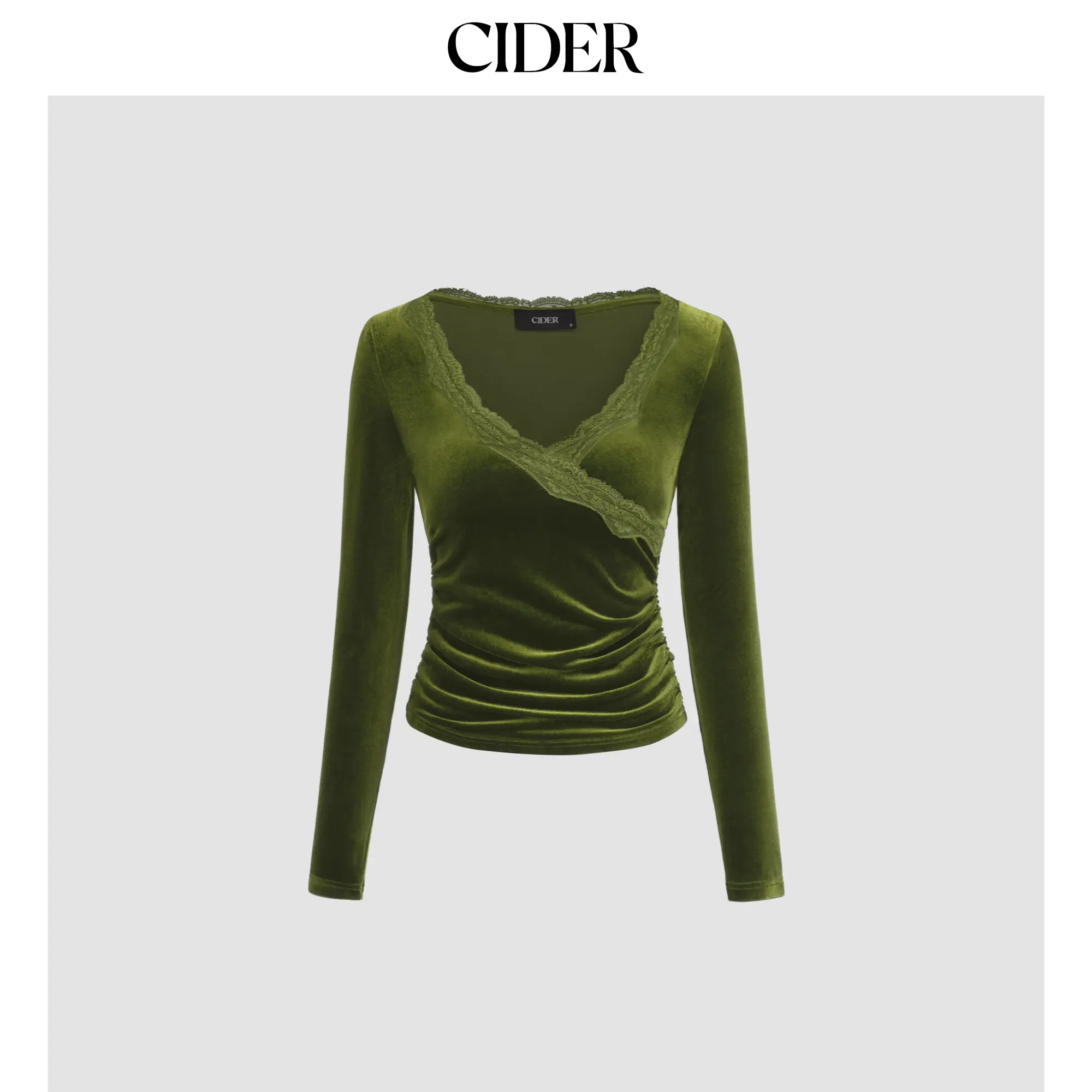 Cider [3 colors, size 2-10] Velvet V-neck Solid Lace Ruched Long Sleeve Top SohoChic