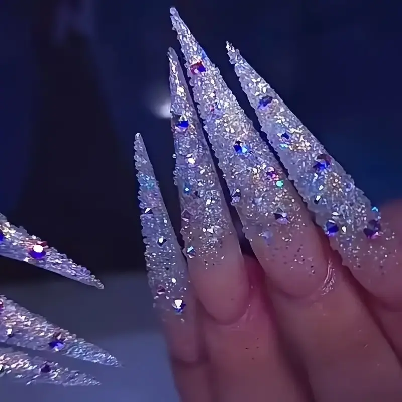 Long Ballerina Wearable Armor Nails, Handmade Nude Base Gradient Rhinestones, Rhinestone Design, Reusable Glossy False Nails for Weddings, S/M/L Sizes