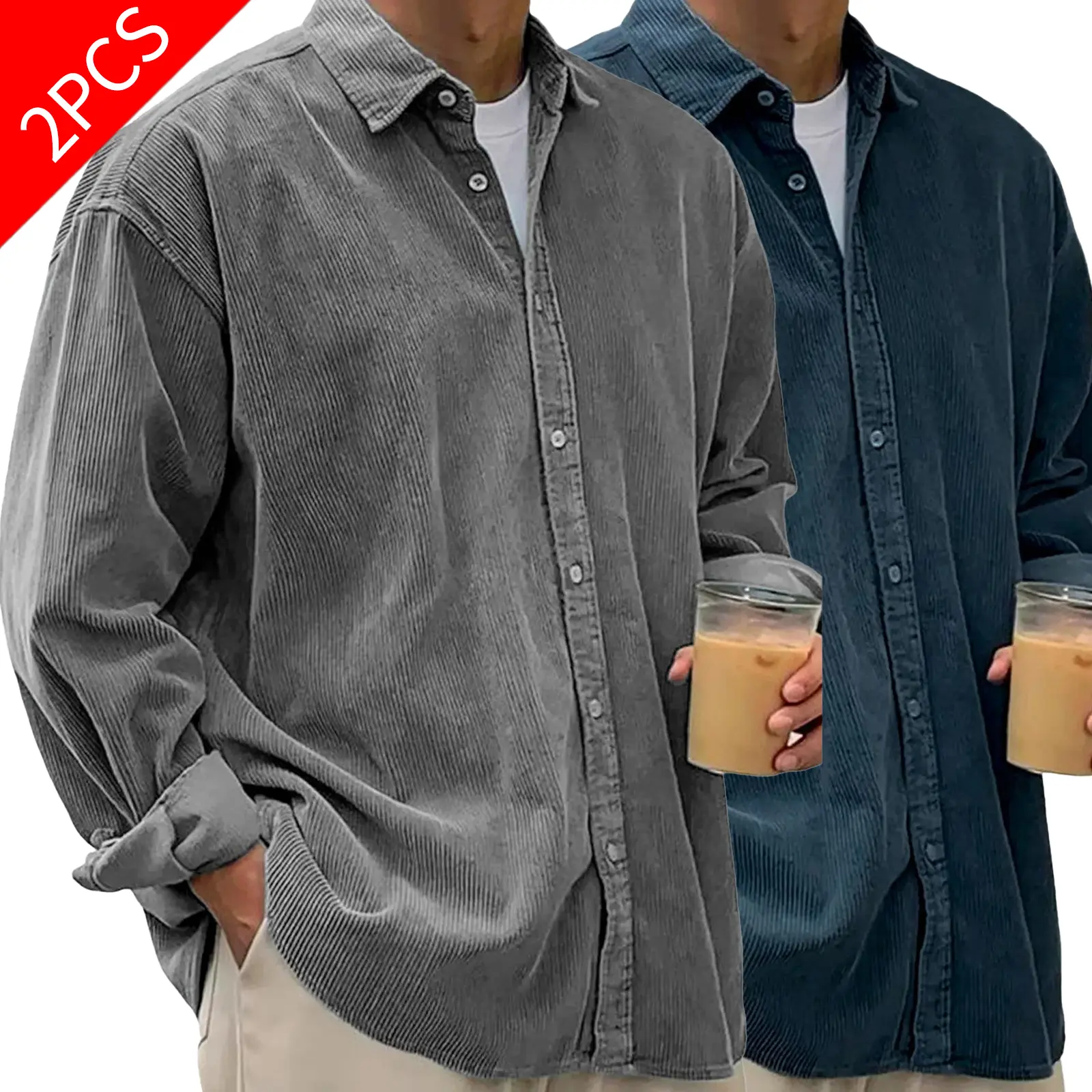 2-Pack Men's Corduroy Shirt Best-seller– Long-Sleeve, Trendy, Loose-Fit, Thick Autumn/Winter Outerwear, Men's clothing suitable for streetwear and everyday wear.