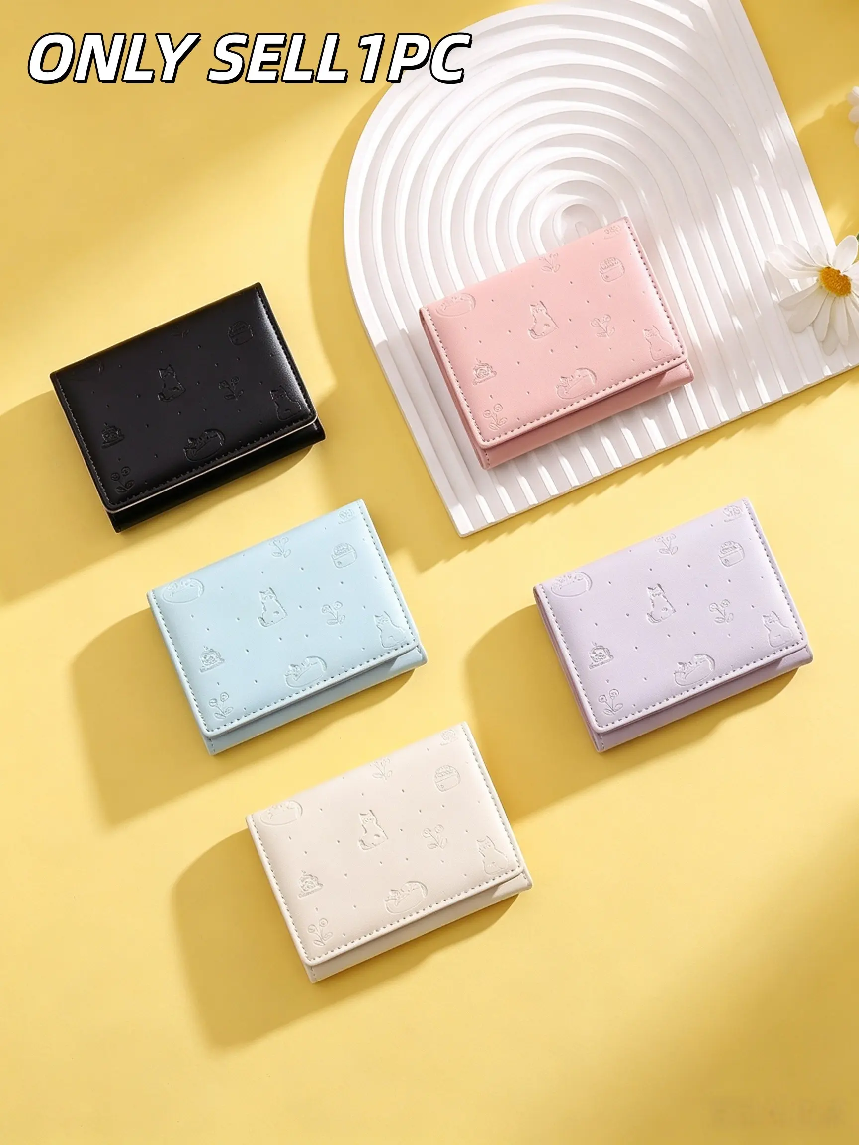 1PC Cute Embossed Cat Tri-fold Mini Wallet, Slim Multi-card Slot Purse, Portable Bank Card Storage Bag, Macaron Color Mini Wallet for Women, Cute Wallets