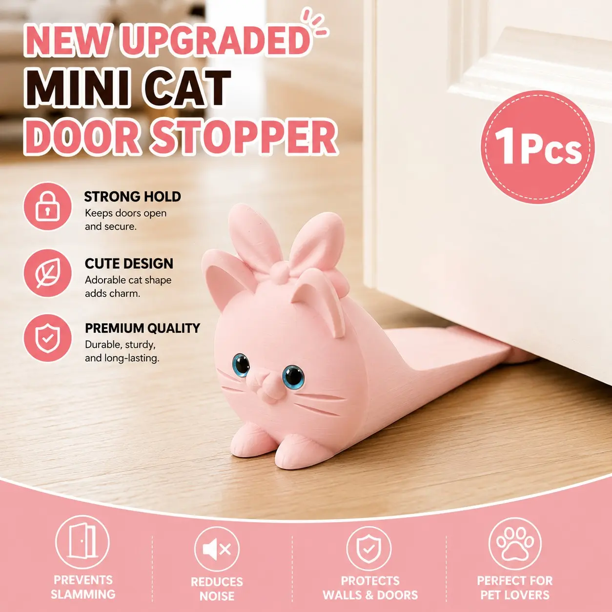 3D Printed Cat Door Stopper with Bunny Ears, Non Slip Door Wedge, Anti Slam Finger Pinch Guard, Kawaii Gift for Mom, Wife, Girlfriend