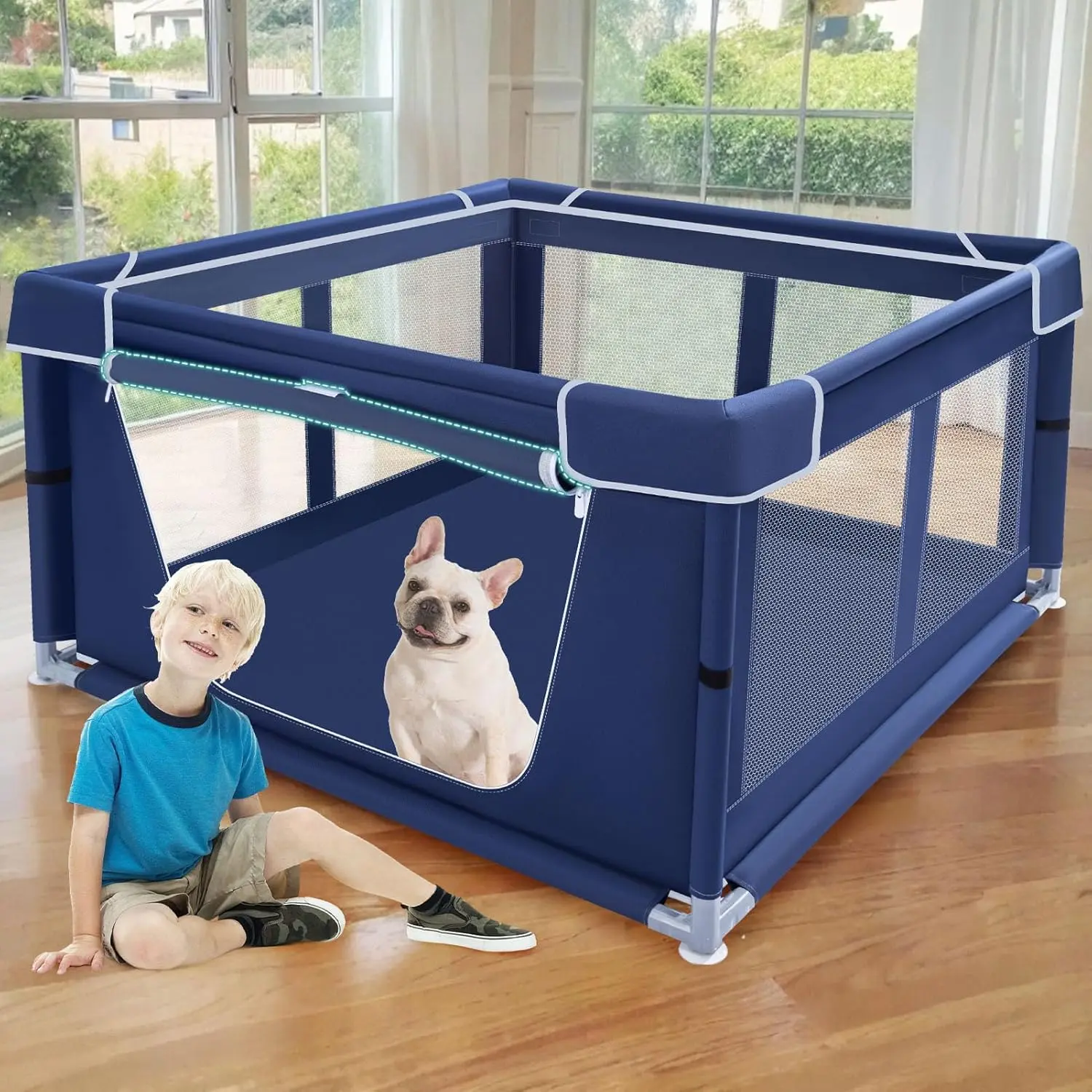 42x42in Nylon Mesh Fabric Exercise Puppy Playpen with Gate, Safe Enclosure for Small Dogs & Puppies - Indoor-Outdoor Pet Fence, Enclosed