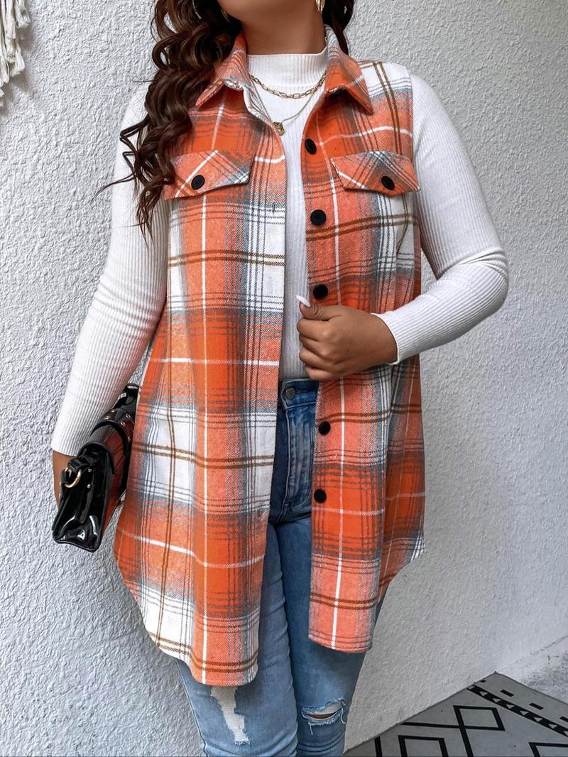 Plus Size Women's Plaid Casual Notched Neck Vest Jacket (fake Pockets), Button Front, Fitted Sleeveless Design, Fall & Winter Fashion