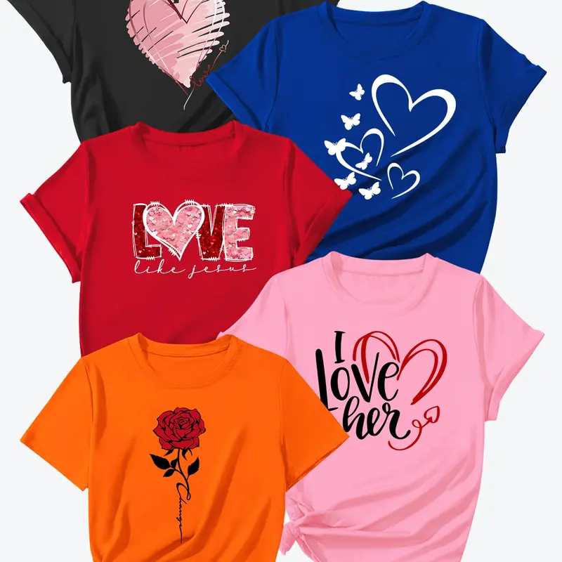 Summer New Heart Print Short Sleeve T-Shirts, High-Quality Women's Sporty Tees, 5-Piece Set, Casual Fitted Top, Casual Athleisure Top, Multiple Colors Available