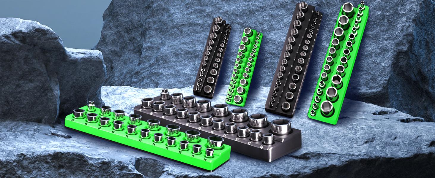 Magnetic Socket Organizer Holder Set For Tool Box Drawer, Toolbox Organization Including 1/4", 3/8" and 1/2" Drive Metric SAE Socket Trays (Sockets are not Included)