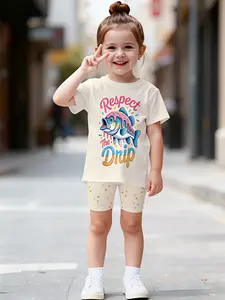 Cute Slogan Fish Graphic Kids Set, Comfortable Stretchy Short Sleeve Tee & Shorts, Lightweight Casual Outfit for Girls, Trendy Daily Style
