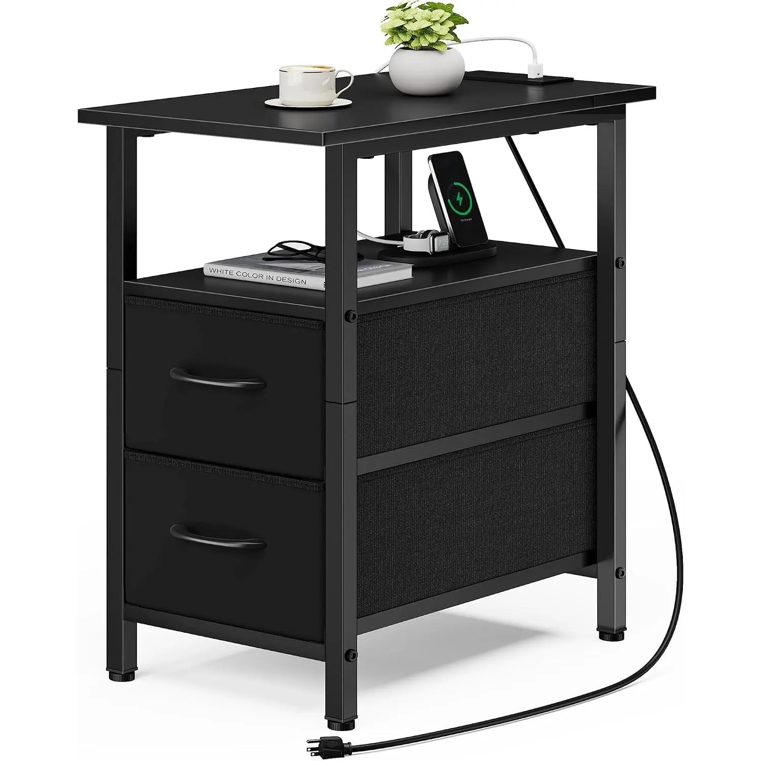Black End Table with  Station, Narrow Side Table, 23.8'' Tall Nightstand with 2 Fabric Drawers, Small Sofa Side Table Narrow Nightstand for Small Spaces, Living Room, Bedroom, Black