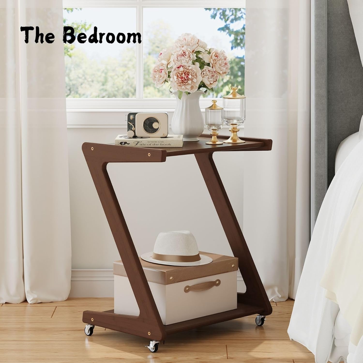 Solid   End Table with 2-Layer Storage Shelves, Small Rolling Side Table Beside Couch, Night Stand for Sofa, Coffee, Bedroom, Living Room (Z Shape, Walnut)