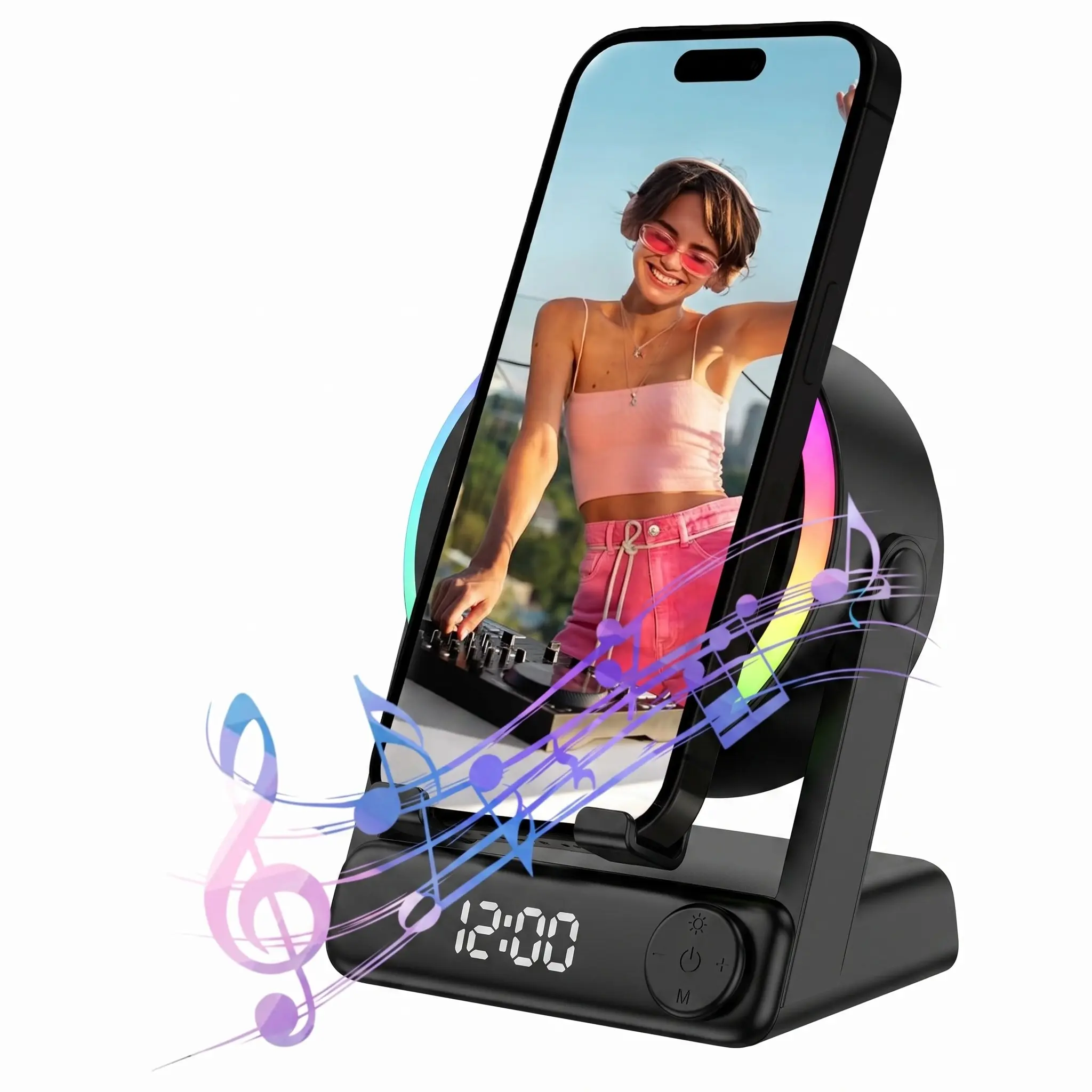 Mfhhfm 5-In-1 Wireless Bluetooth-compatible Speaker, Phone Stand, Dual Mode Audio Amplifier, Digital Alarm Clock, RGB LED Light, Adjustable Stand for iPhone & Android Tablets