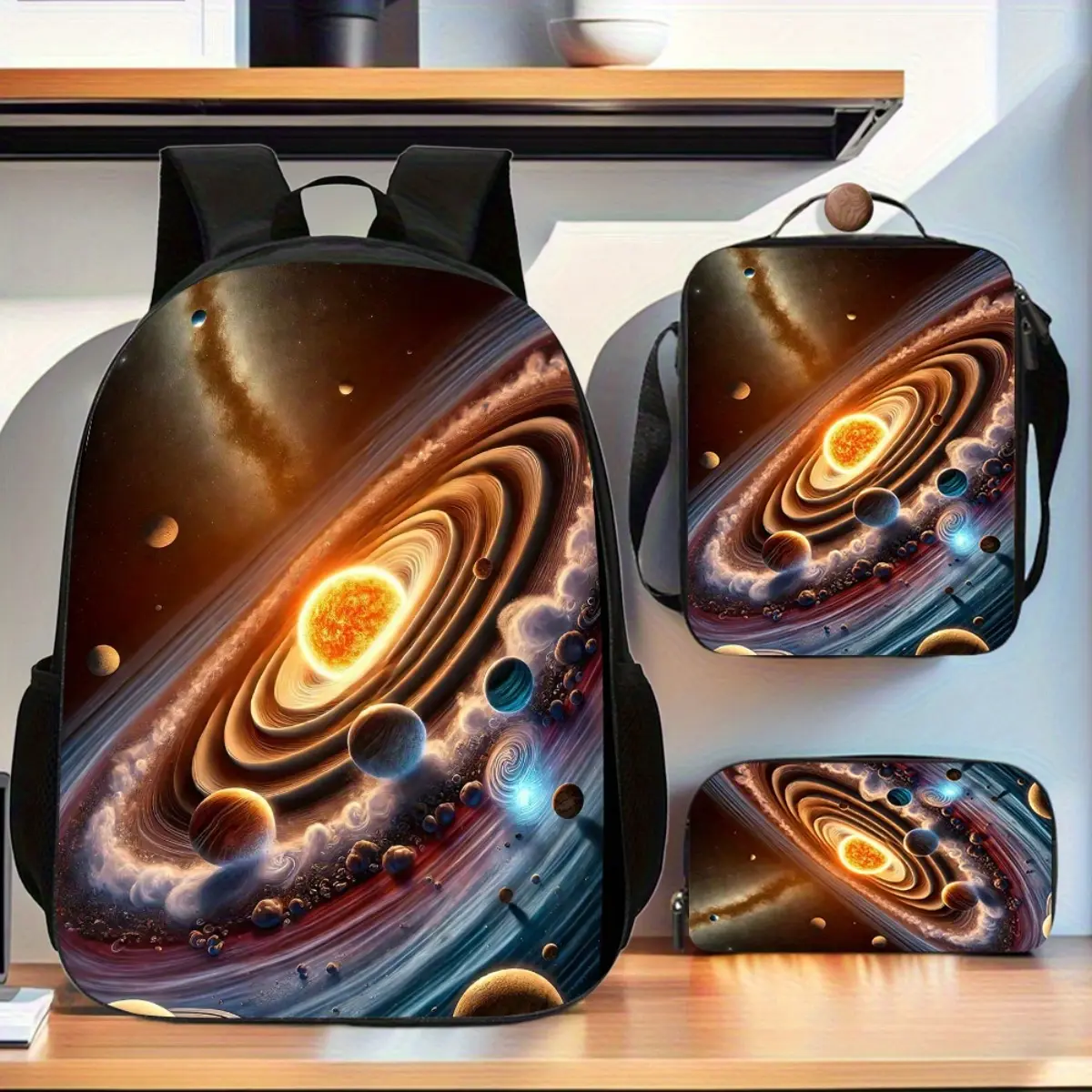 Solar system 3pcs/ set Trendy Backpack, Includes Large Capacity Book Bag & Handbag & Pen Case, Suitable for Travel, Business, Commuting, School, etc