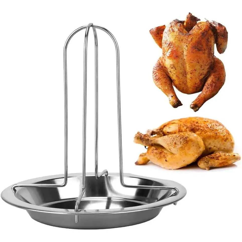 Silver Stainless Steel Upright Chicken Roaster Rack with Removable Drip Pan, Vertical Turkey Grilling Stand, Easy Clean BBQ Chicken Holder for Backyard Party, Camping, Outdoor Gathering & Home Kitchen Roasting.