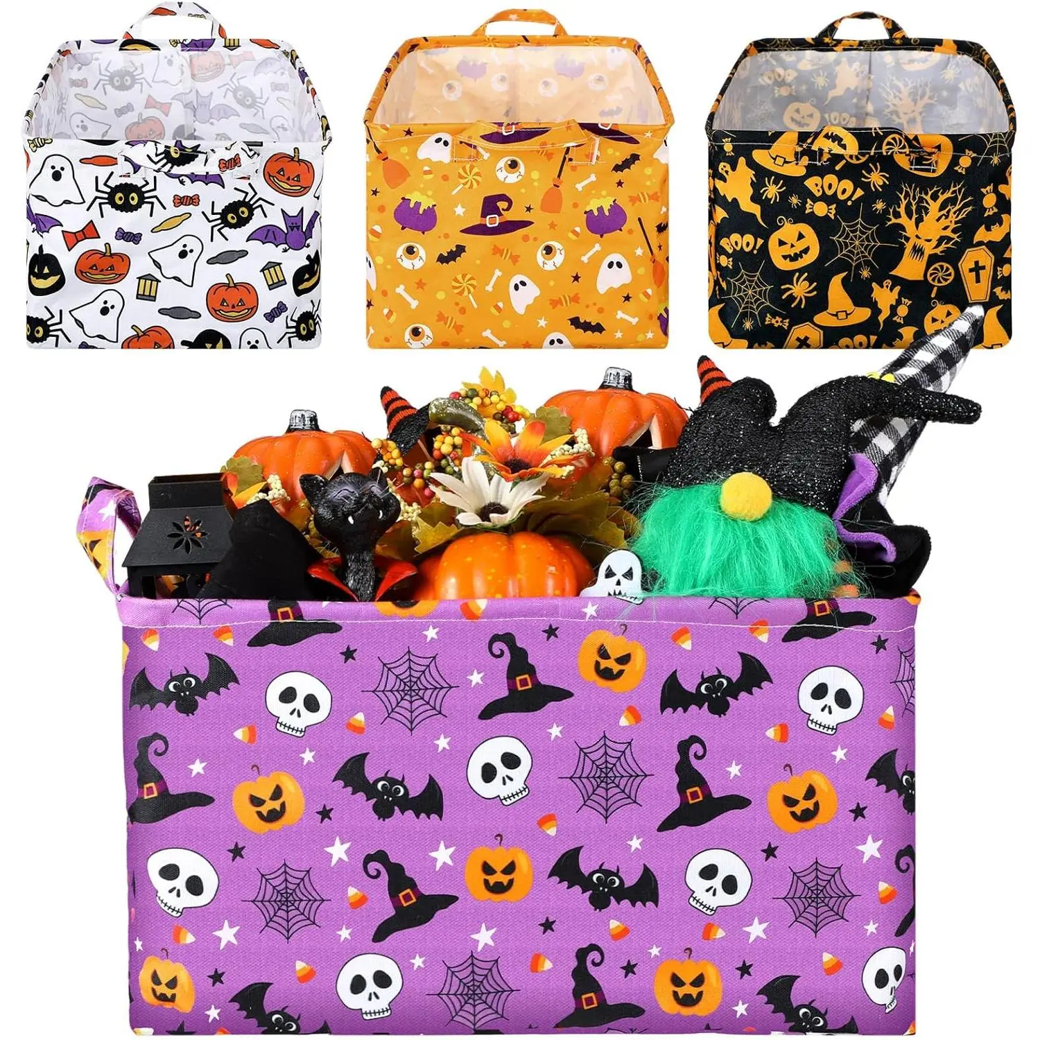 Breling 4 Pcs Halloween Baskets Boo Basket Gift Pumpkin Ghost Baskets with Handles Large Collapsible Storage Bins Boxes for Trick or Treat Gift Books Laundry Shelves Home Storage, 15 x 10 x 8 Inch