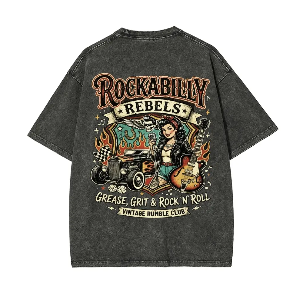 Men's Graphic T-Shirt, Vintage Rockabilly 260G Heavyweight Cotton, Distressed Oversized Fit Short Sleeve Casual Streetwear, Tshirt, Top, Shortsleeve, Loose, Menswear, Retro, Fabric Classic Crewneck, Round Neck, 100% Cotton