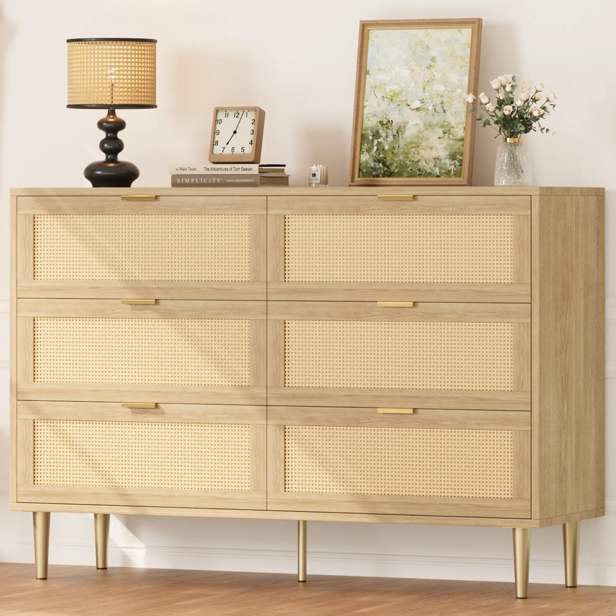 Natural Rattan 6 Drawer Dresser, Modern Chest of Drawers with Gold Legs & Handles, Wide Double Dresser with Large Tabletop, Anti-Tipping Design for Bedroom Living Room