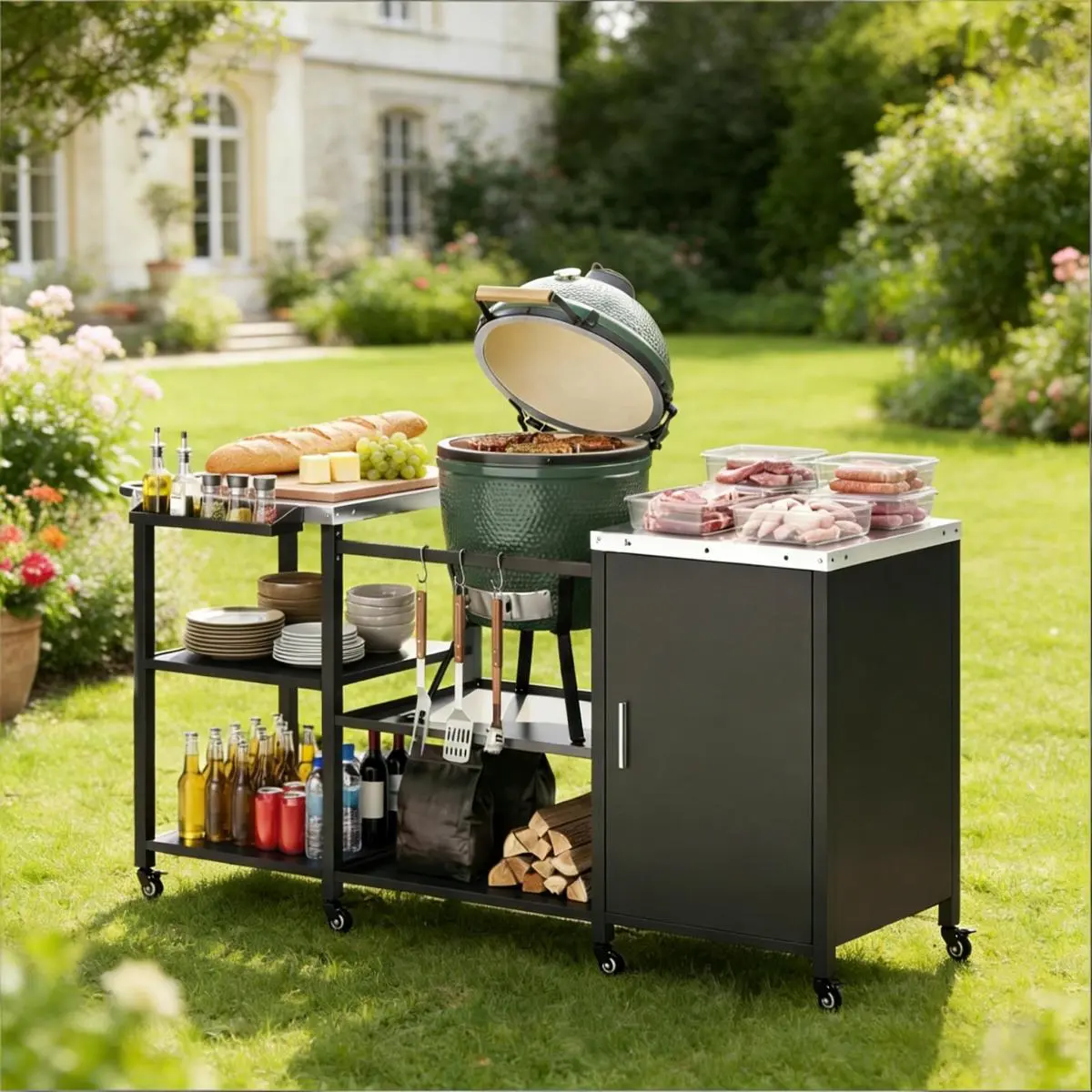 AobtkelHeavy Duty Metal BBQ Prep Table,Grill Table,Grill Cart(Only Grill Table,Not Included Big Egg Grill) On-Site