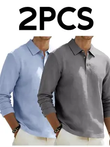 2-Pack Men's Linen Plain Polo Shirts Tops, Loose Fit Long Sleeve, Breathable Classic Business Casual, All-Season Wear, Ideal for Daily & Light Business Use, Menswear