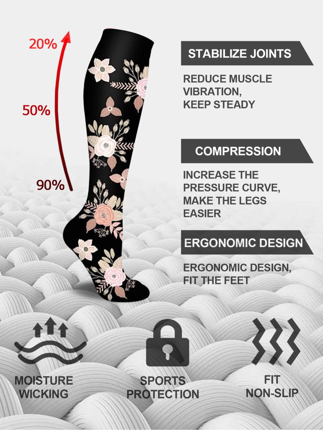6 pairs of men's and women's compression socks Athletic wide calf men's and women's booster socks for circulation, running, nurses, pregnant women Support for blood circulation Various colour Floral patterns available