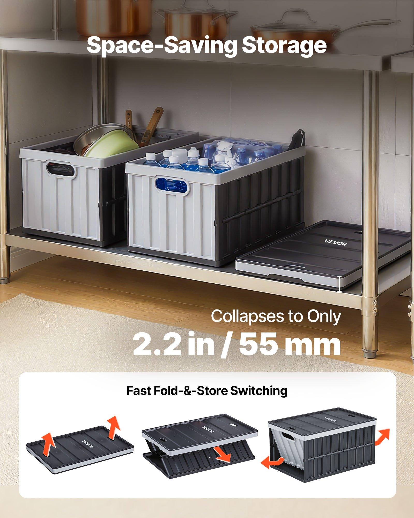 VEVOR Plastic Collapsible Storage Bins with Lids, 65L 3 Packs, Stackable Folding Storage Crates with Handles, Holds 84 lbs Per Bin, Heavy Duty Containers, Space-Saving Baskets, for Home Organizing