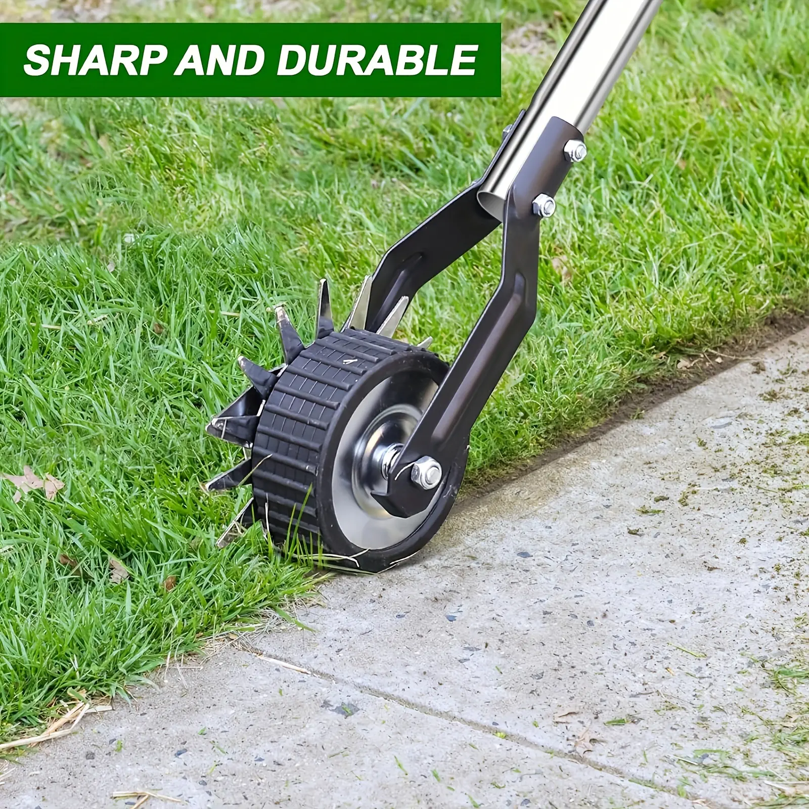 This wheeled lawn mower features a 3/4 stainless steel handle, designed for manual use, making it an ideal choice as a rotary lawn edge trimmer, perfect for weeding yards and trimming sidewalks.