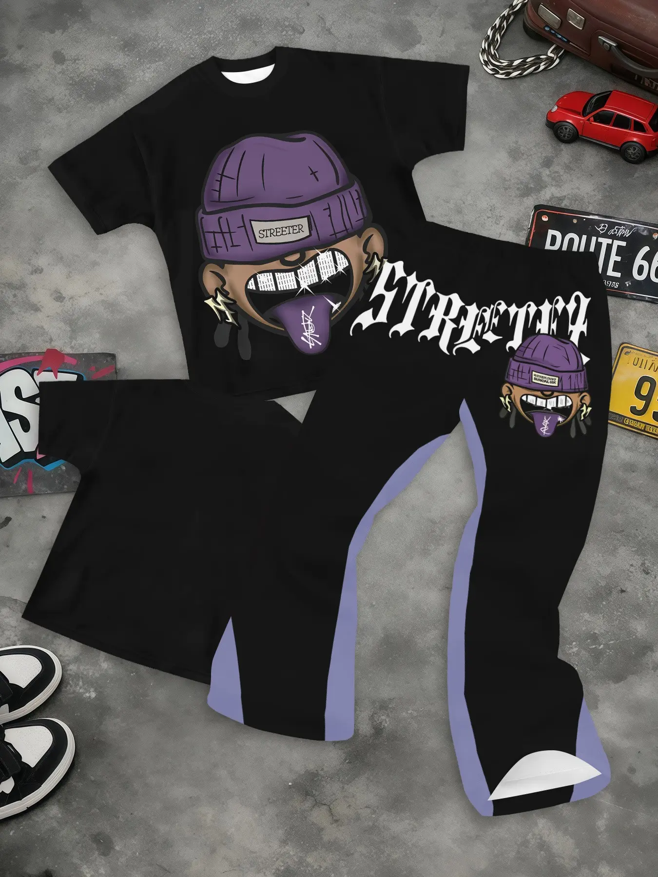 Men Y2K Street Cartoon Hip‑Hop Character Graphic Short Sleeve Tee & Flared Bootcut Pants 2‑Piece Outfit, Trendy Urban Matching Set For Party Daily Street Outing