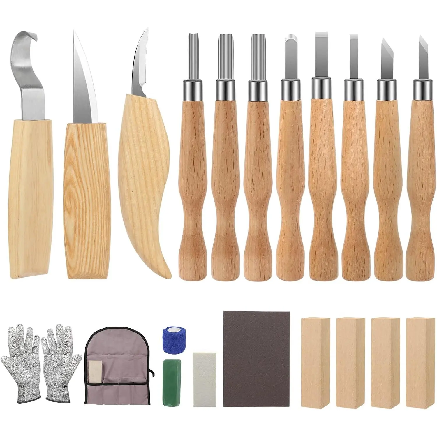 26-Piece High-Carbon Steel Woodcarving Chisel Kit for Beginner Woodcarving Projects, Anti-Corrosion Whittling Tools with Pre-Sharpened Edges, Walnut-Coated Detail Blocks, Safety Gloves