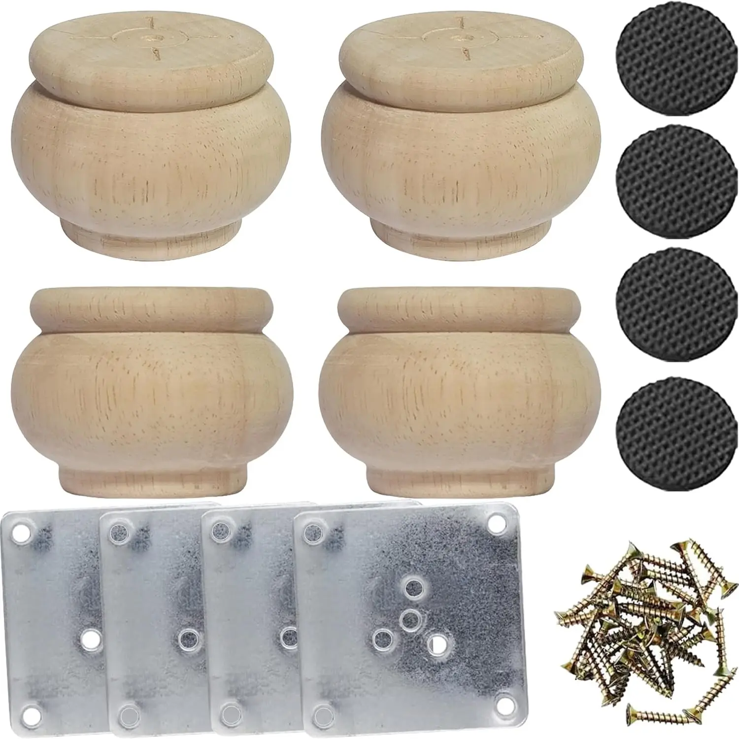 Unpainted 2-in Solid Wood Replacement Furniture Legs, Round Bun Feet for Cabinet/Desk, Multi-Size Set of 4 with DIY Mount Kit (Mounting Plate & Screws)