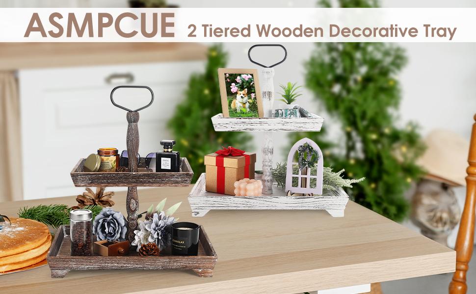 2 Tiered Stand With Metal Handle - Farmhouse Wooden Rustic Square Serving Tray for Home Kitchen Decor, Coffee Table (Distressed White)