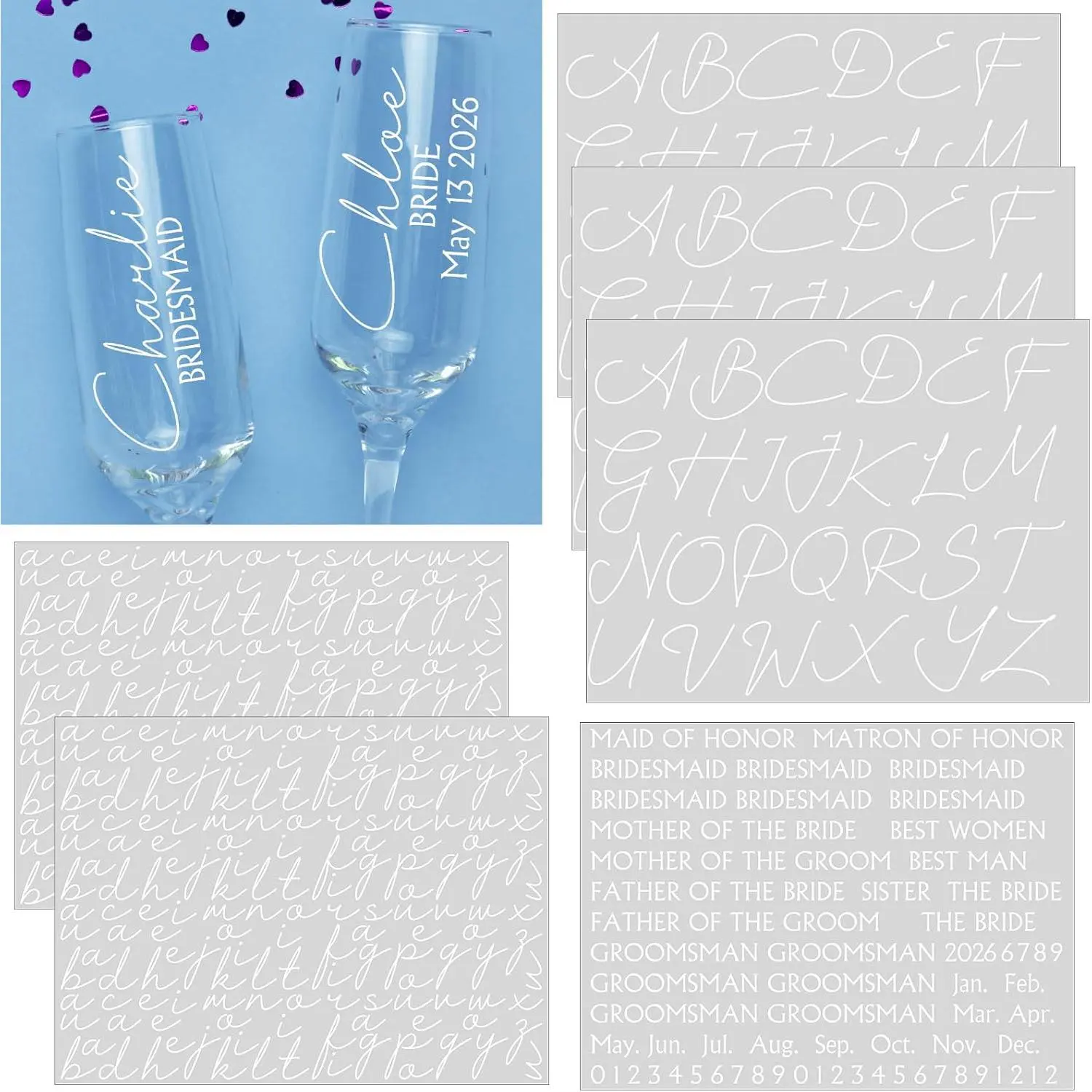 6 Sheets Custom Bride Bridesmaids Letter Stickers Personalized Vinyl Proposal Name Decal UV Dtf Cup Wraps for Champagne Glasses Cups  Box Bridal Shower Wedding Bachelorette Party(White)