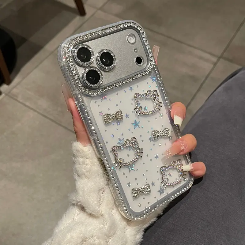 Stylish Cute Double-Sided Rhinestone Cat-Ear Bow Protective Phone Case For iPhone 18 17 16 15 14 13 Pro Max Plus