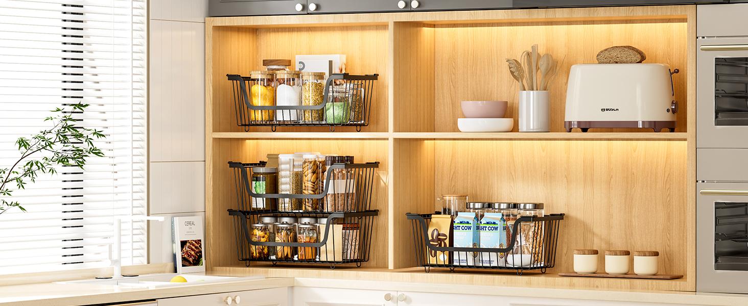 4 Pcs Stackable Wire Baskets for Pantry Organizers and Storage,Vegetable Fruit Basket for Countertop,Kitchen Storage Metal Baskets,Produce Potato Onion Storage Bin,Black