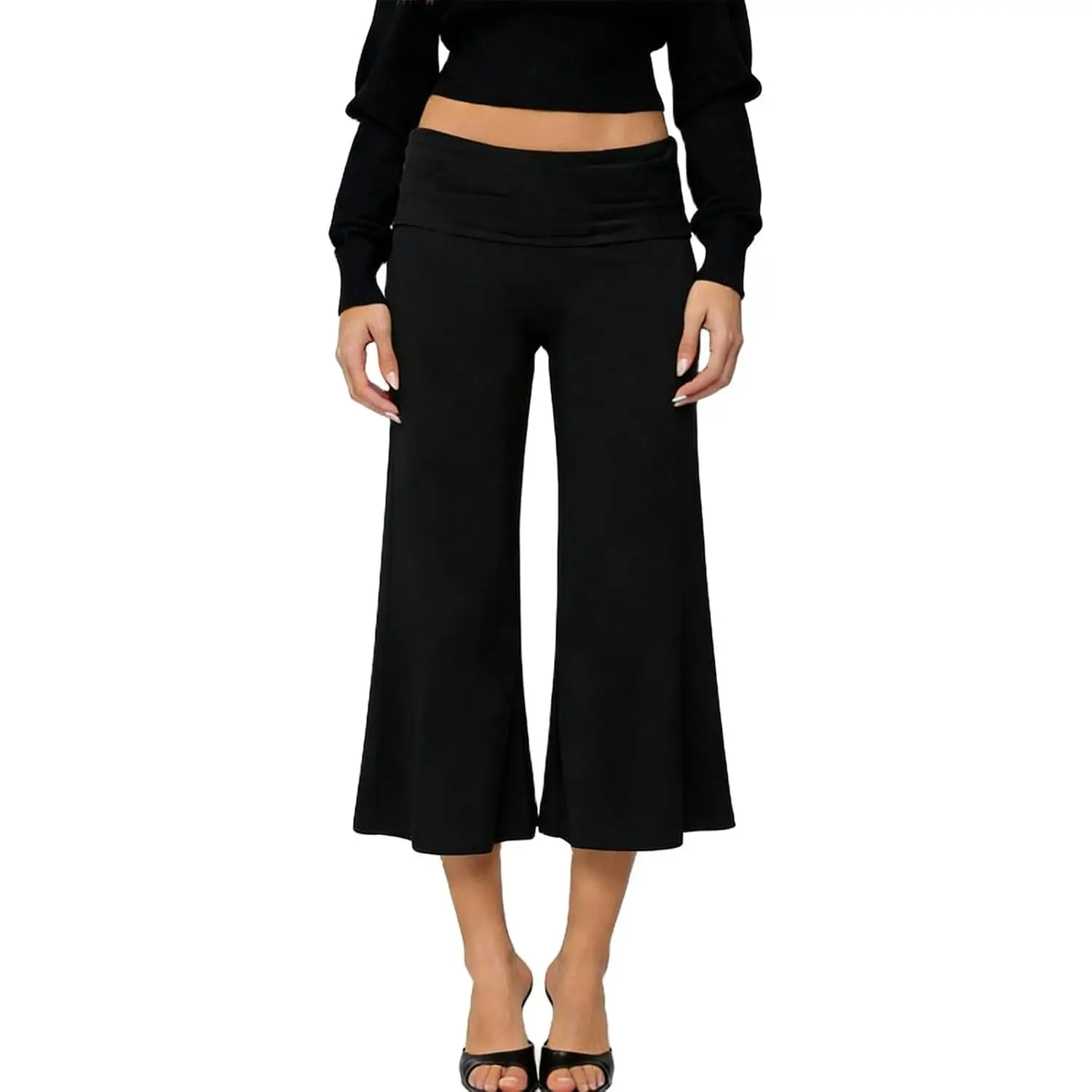 Womens Fold Over Capri Pants Flowy Low Rise Wide Leg Gaucho Pants Yoga Capris Comfy Palazzo Culotte Lounge Bottoms(Gift)