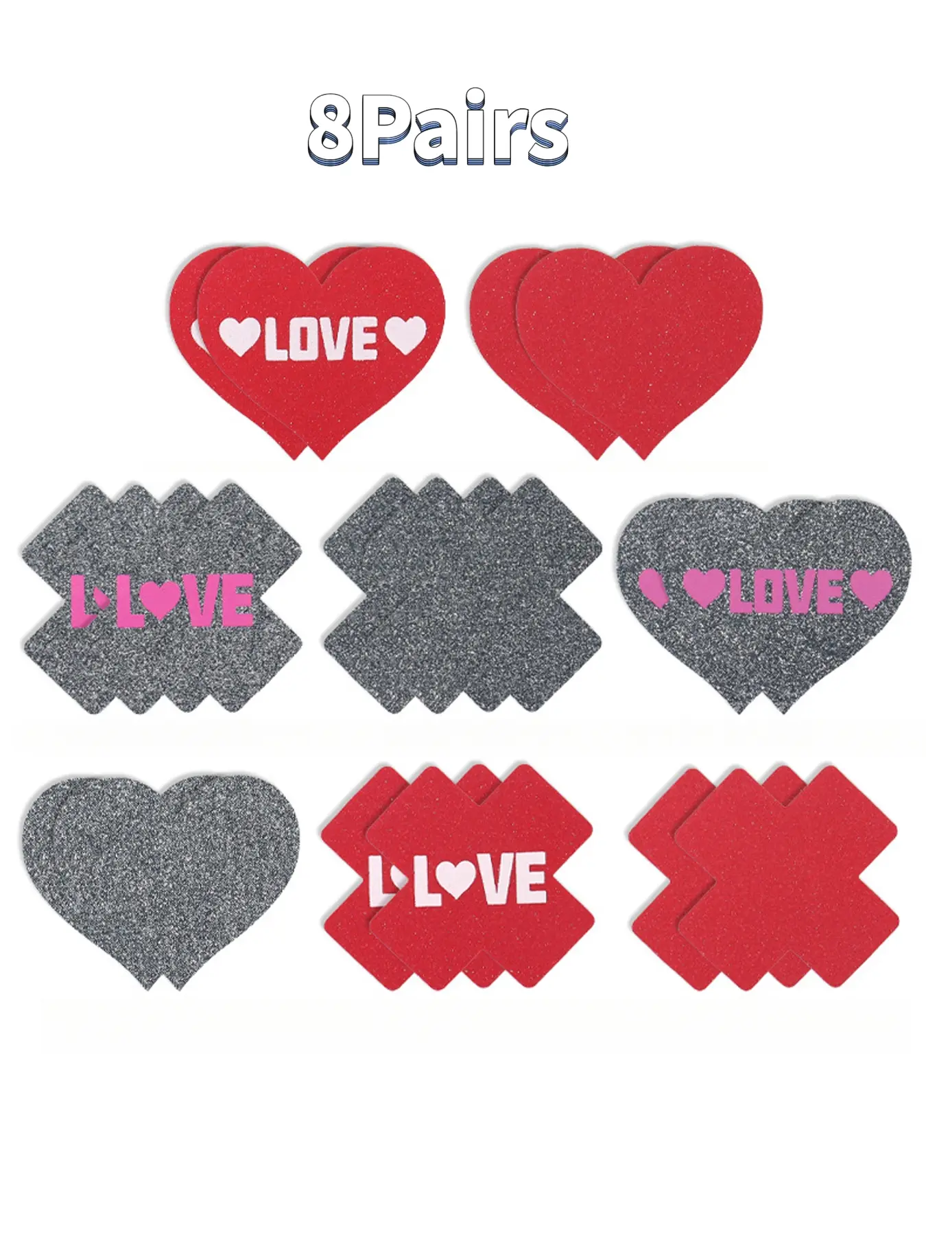8 pairs of red and silver glitter heart-print adhesive breathable cover-up breast patches for women, suitable for Valentine's Day parties, invisible bras, fashion essentials, wedding accessories