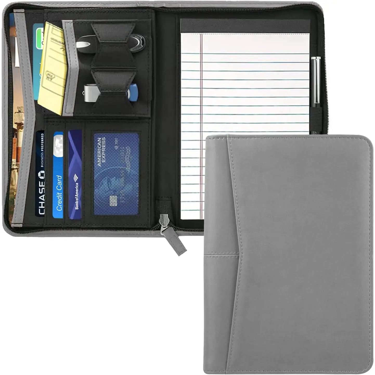 Junior Business Padfolio - A5 PU Leather Portfolio Binder & Zippered Binder Folder with 5 x 8 Writing Pad and Interior Storage Pocket Executive Business Organizer for Men Women,Gray